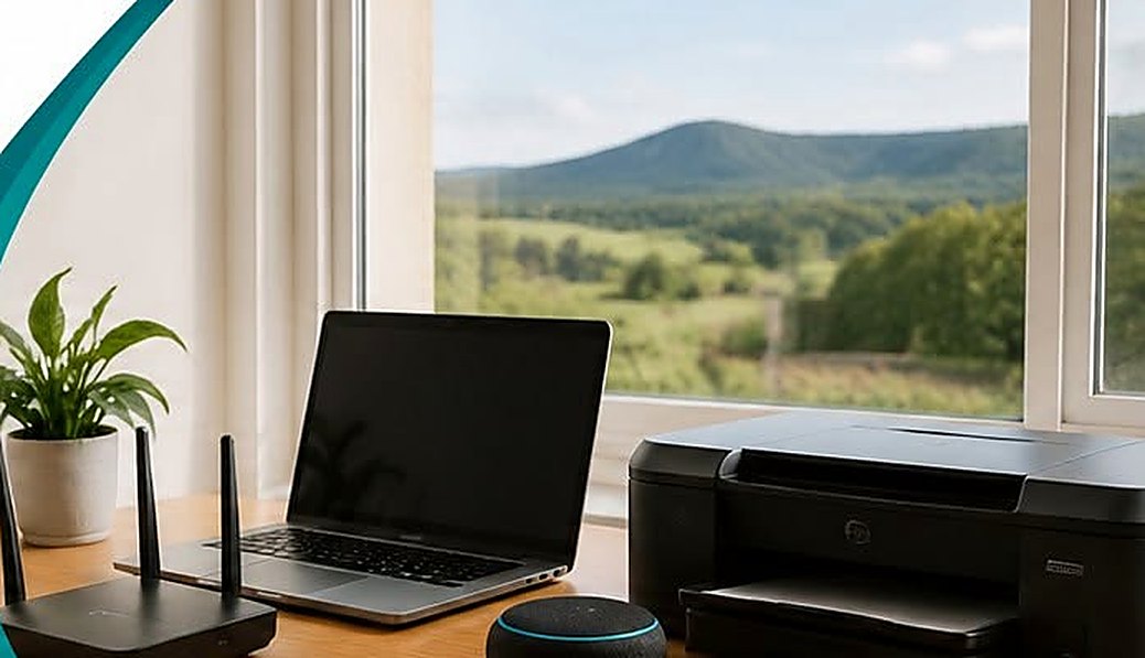 A laptop, modem and printer set up on a desk beside a window looking out over the Gippsland hills near Heyfield