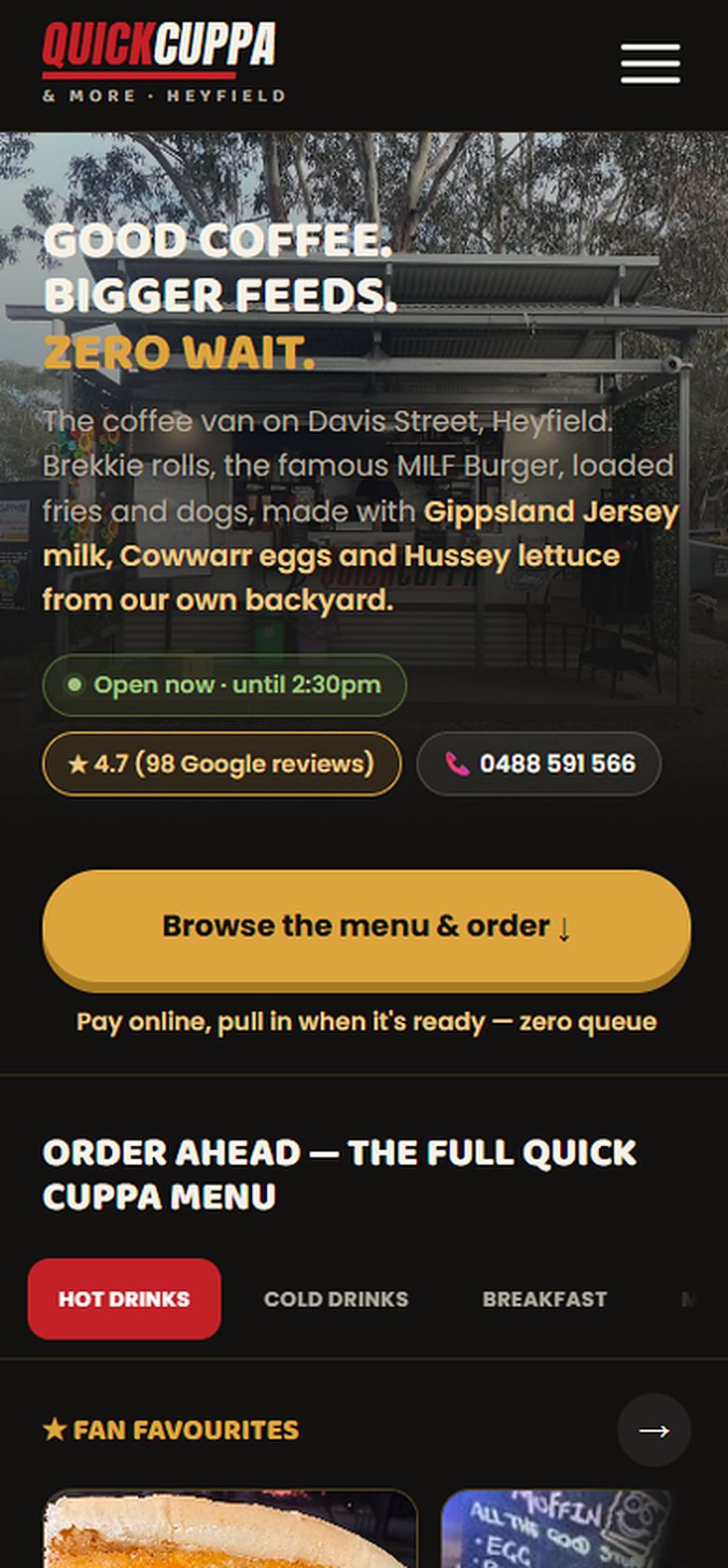 The rebuilt Quick Cuppa & More website on a phone: a dark, photo-led homepage with opening hours, Google rating and the full priced menu