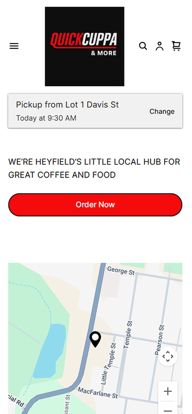The old Quick Cuppa & More website on a phone: a stock Square Online storefront with a logo in a black box and a large map